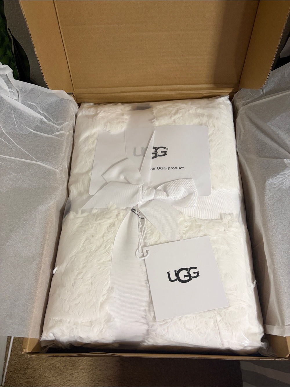 UGG White Faux Fur Throw with Branded Ribbon
